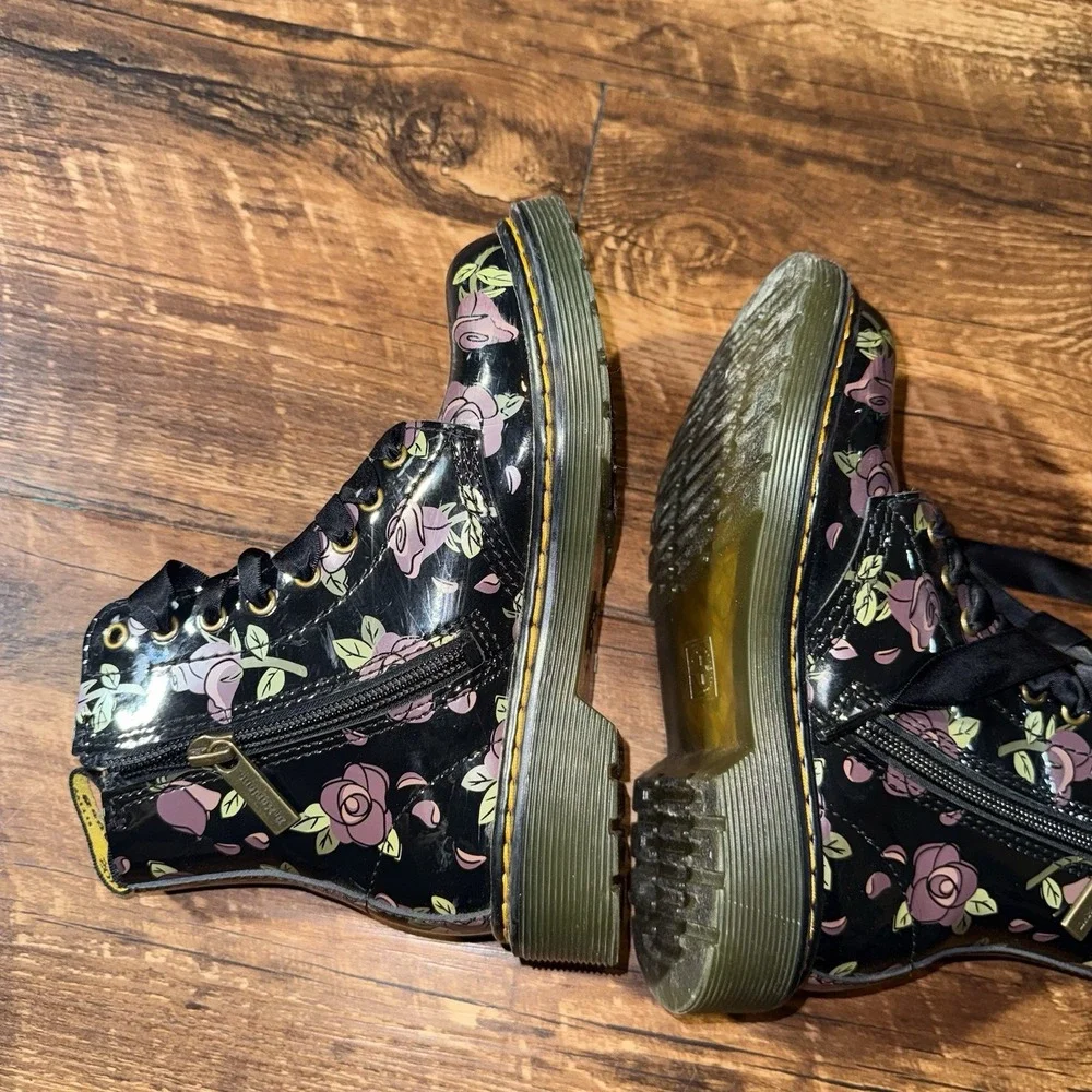 Doc Martens Girls Black Floral Lace Up Side Zip Pascal Moto Boots Size 13